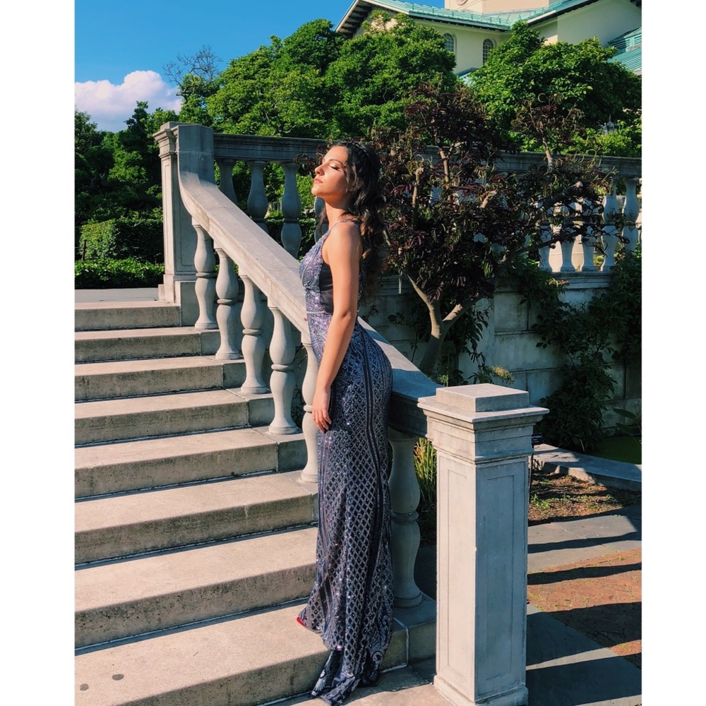 Navy Silver Fitted V Neck Embellished Jovani Dress